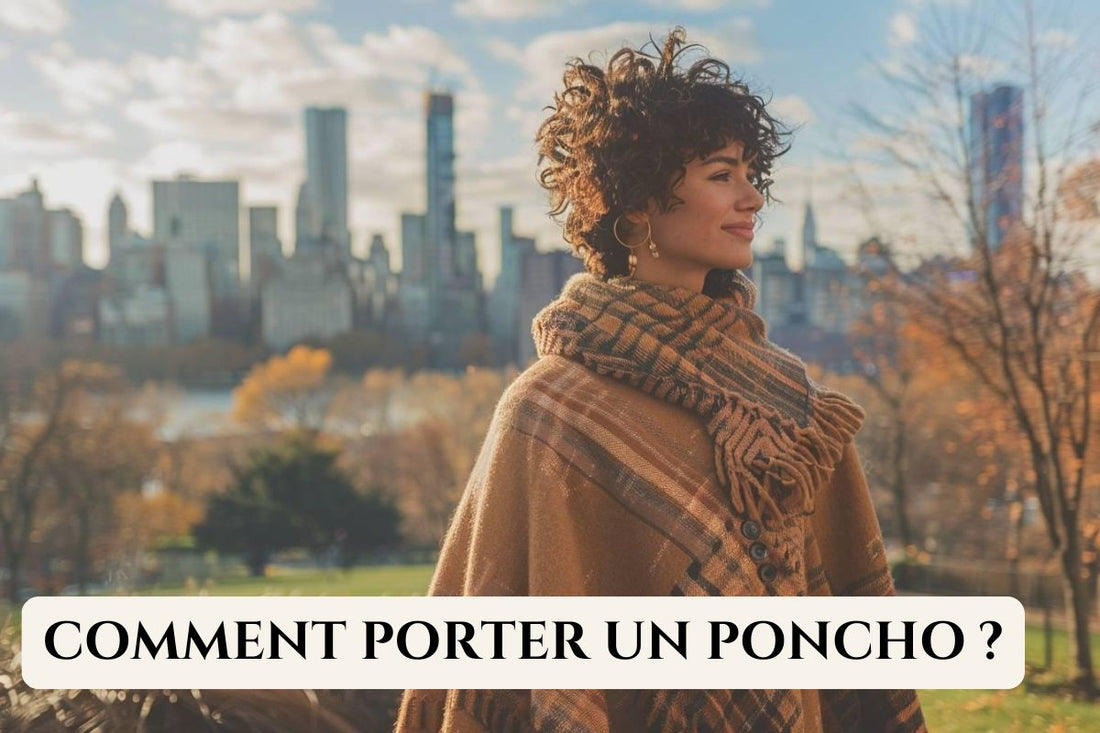 Femme dans un parc portant un poncho marron doux et confortable