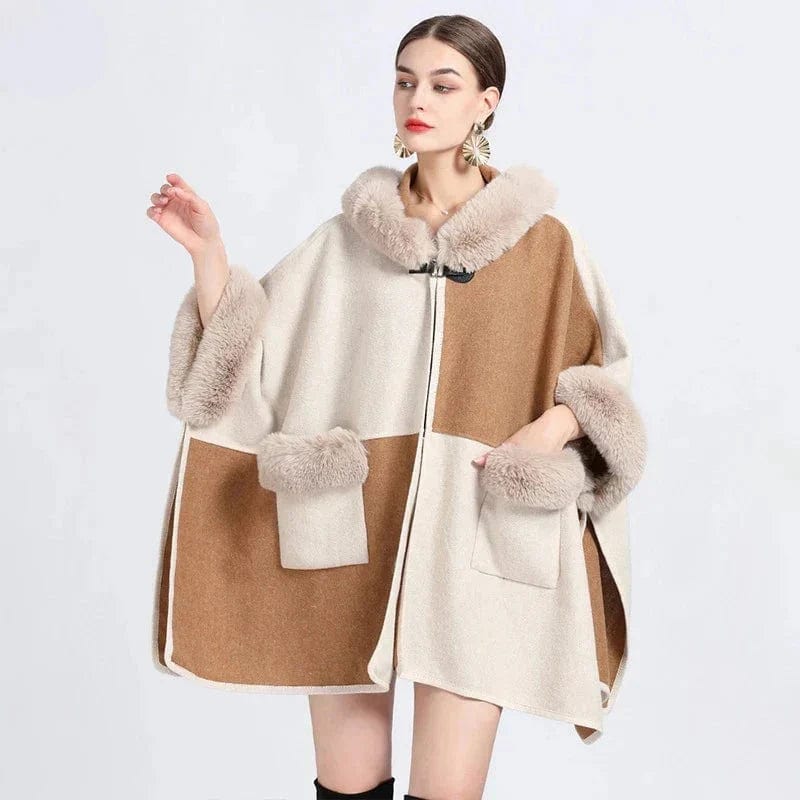 Poncho Cape Femme en Fourrure beige & kaki