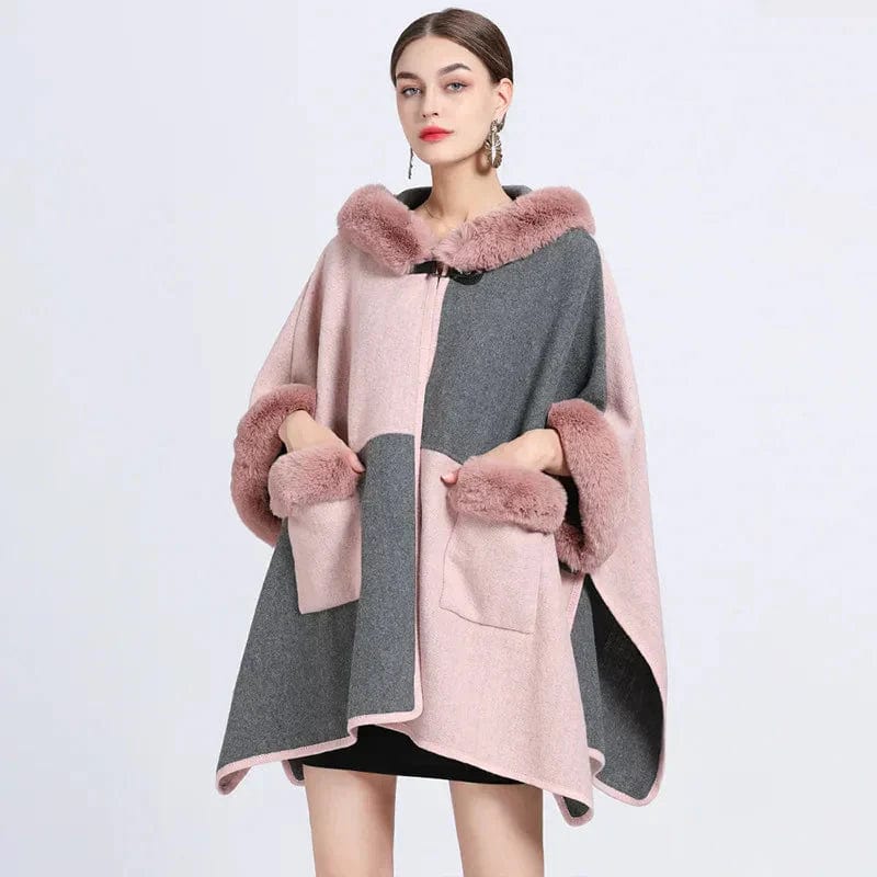 Poncho Cape Femme en Fourrure rose & gris