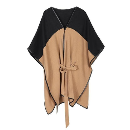 Poncho Ceinture Femme - Élégance et Style Noir & Camel