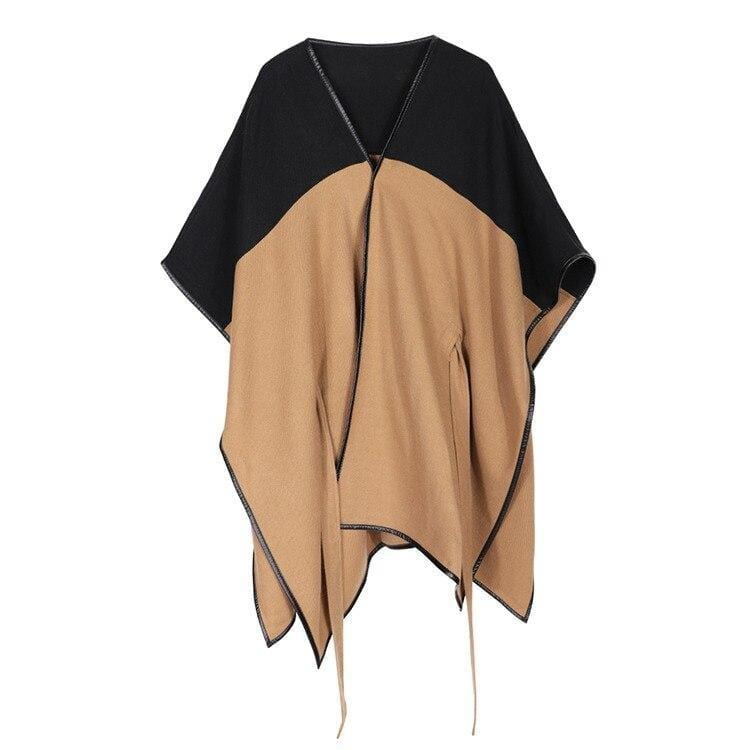 Poncho Ceinture Femme - Élégance et Style Noir & Camel