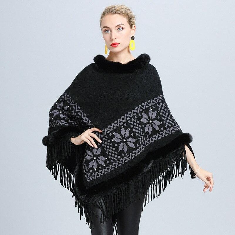 Poncho de Luxe avec Fourrure Noir