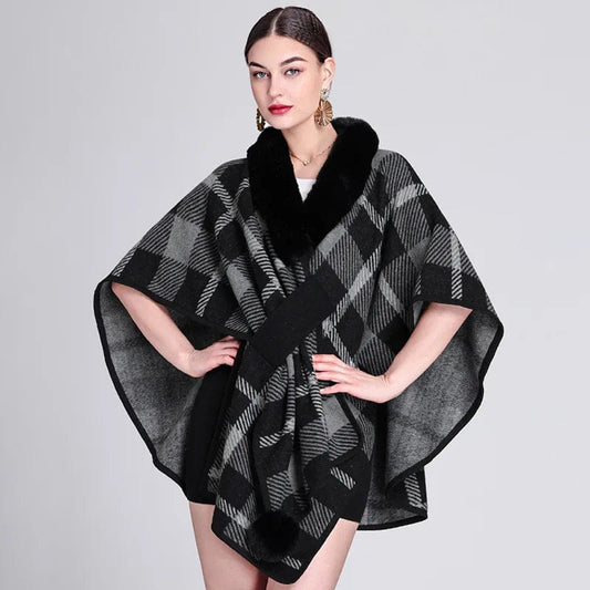 Poncho Écossais Femme - Style Élégant noir