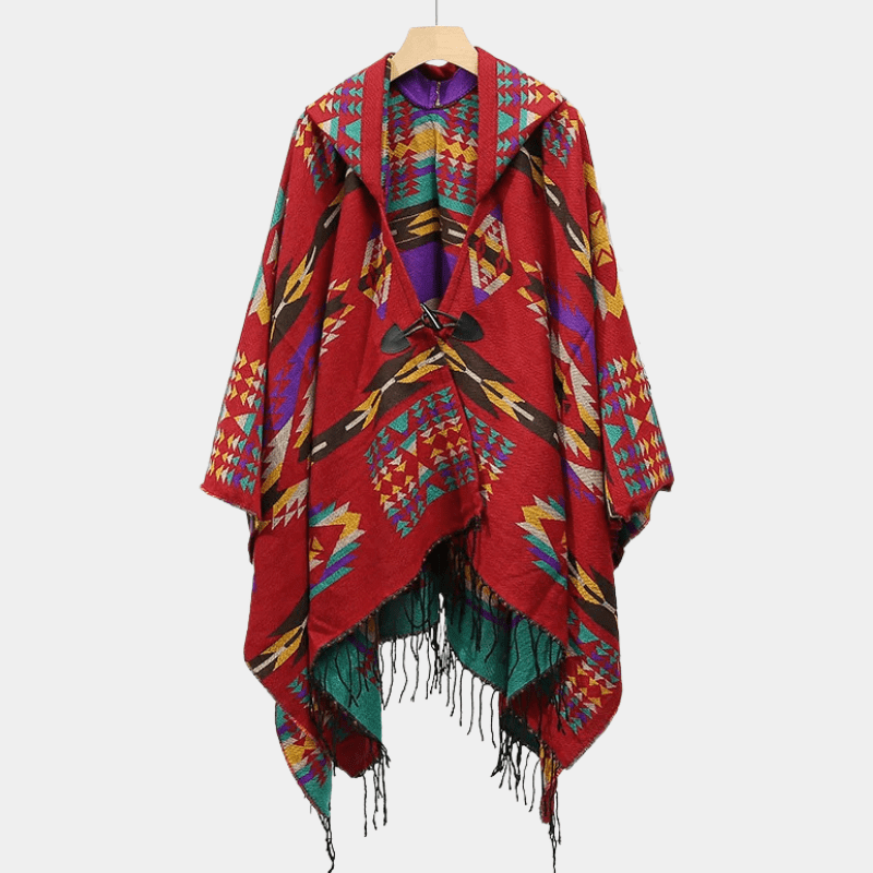 Poncho Ethnique pour Hommes rouge avec bouton