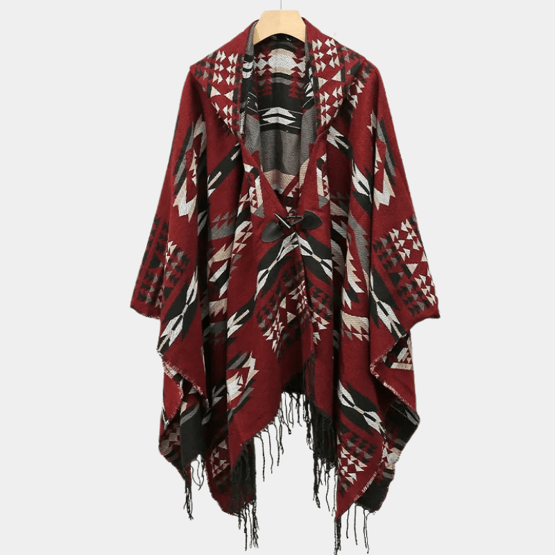 Poncho Ethnique pour Hommes rouge noir avec bouton