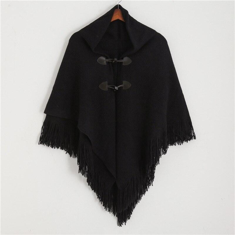 Poncho Femme avec Franges Stylish noir