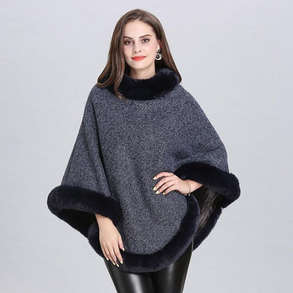 Poncho Femme Luxe avec Col en Fourrure Bleu