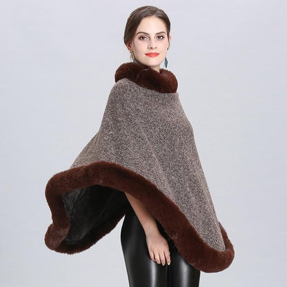 Poncho Femme Luxe avec Col en Fourrure Marron