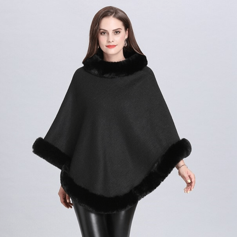 Poncho Femme Luxe avec Col en Fourrure Noir