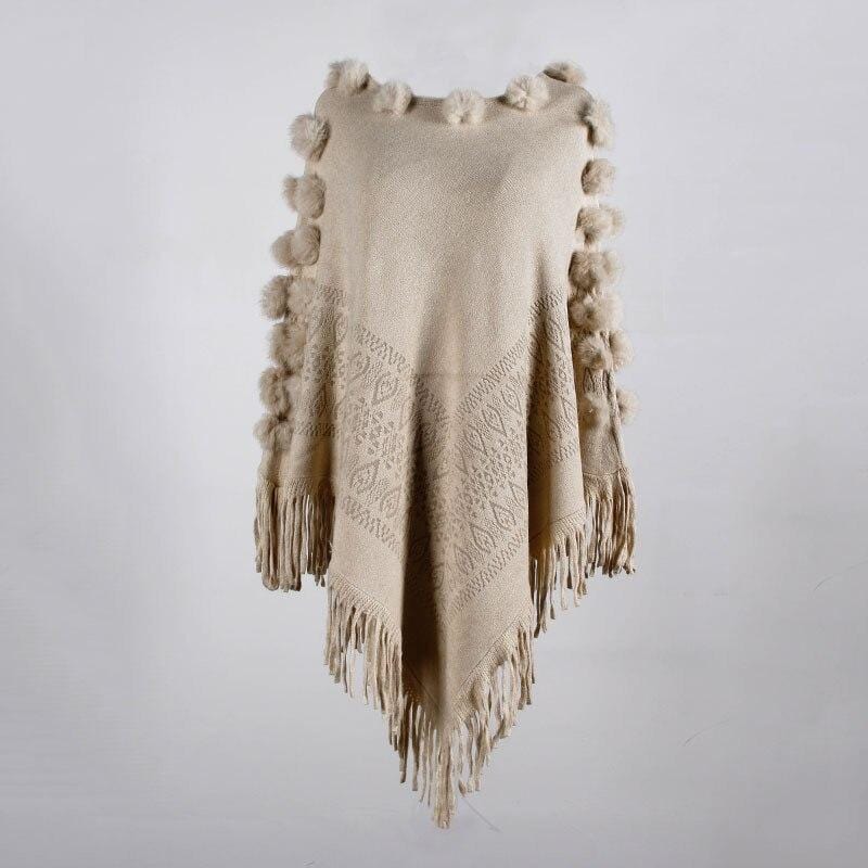 Poncho Femme Pompom Chic kaki