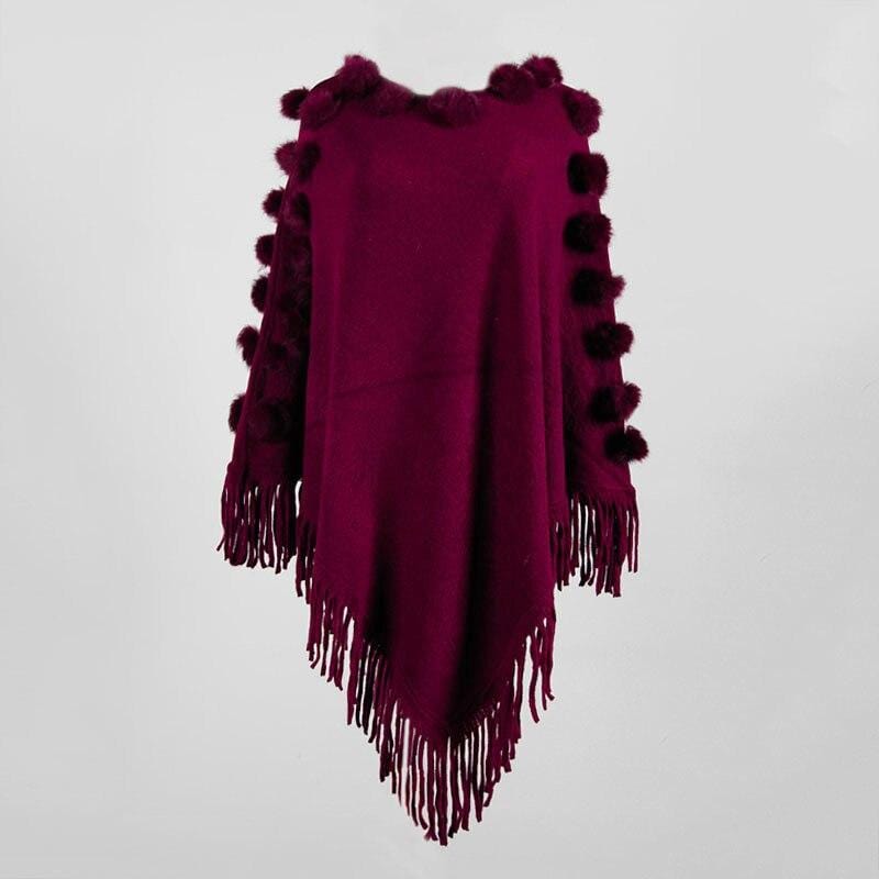 Poncho Femme Pompom Chic rouge