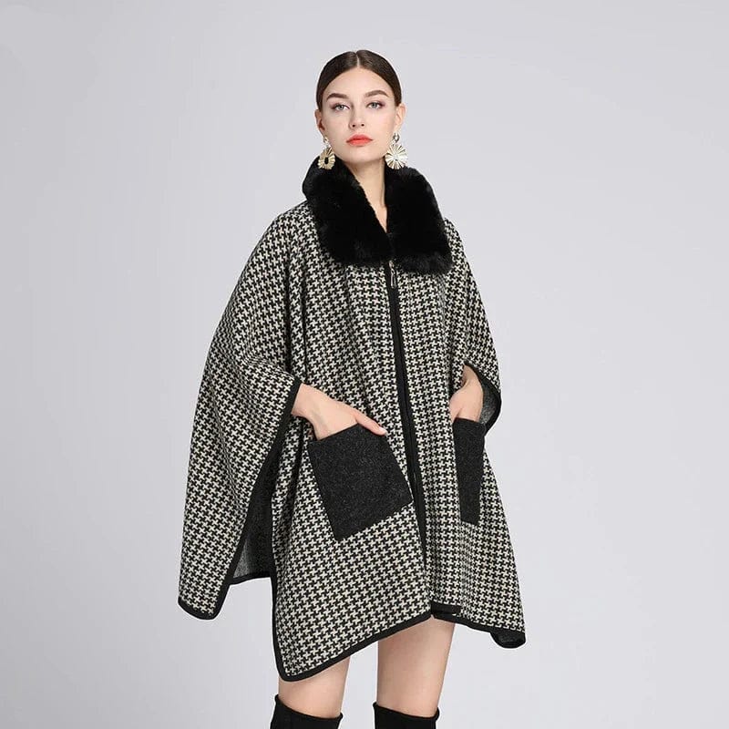 Poncho Fourrure Pied-de-poule Luxe