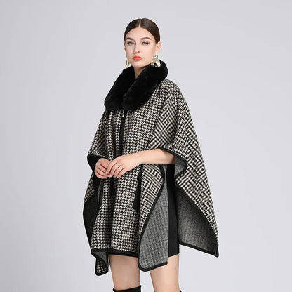 Poncho Fourrure Pied-de-poule Luxe