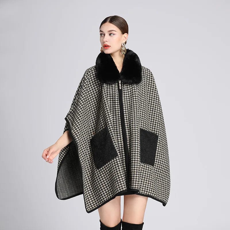 Poncho Fourrure Pied-de-poule Luxe