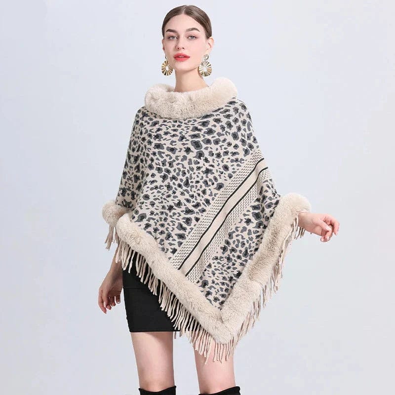 Poncho Léopard en Fourrure de Luxe beige