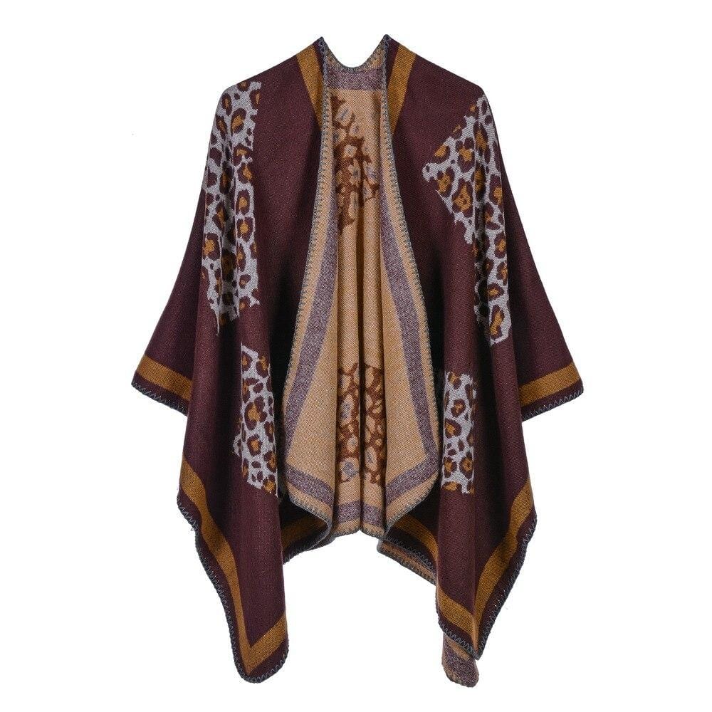 Poncho Léopard Femme - Style Sauvage bordeaux